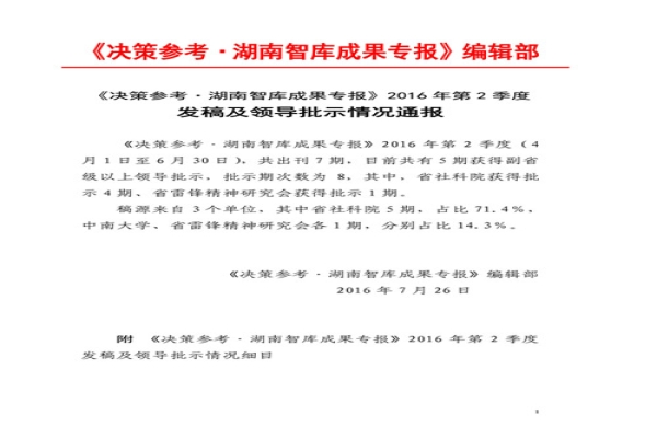 《决策参考•湖南智库成果专报》2016年第2季度发稿及领导批示情况通报